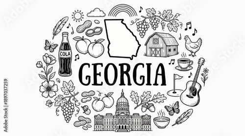Georgia State Cartoon Vector – Hand-Drawn Icons Featuring Map, Capitol, Guitar, Peanuts, Chicken, Coffee, and Grapes for Travel, Culture, and Southern Design