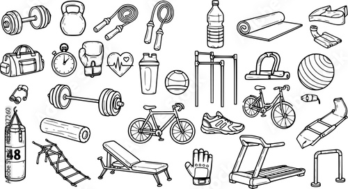 Black and White Line Art of Gym Equipment and Fitness Accessories, Vector Stock