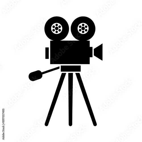 Line icon of vintage movie camera on tripod.