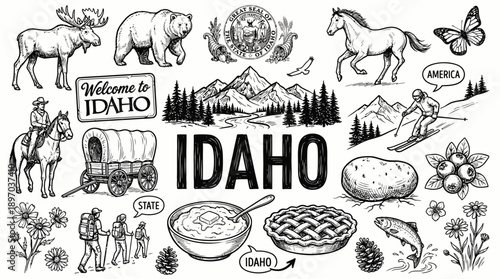 Idaho State Cartoon Vector – Hand-Drawn Icons Featuring Mountains, Wildlife, Potatoes, Pioneer Wagon, Skiing, and State Symbols for Travel, Nature, and Western Design