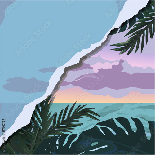 Tropical paradise reveal through torn paper effect showcasing pastel sunset over turquoise ocean waves and lush green foliage details.