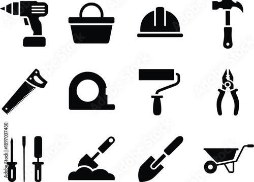 Construction tools icons set, drill, hammer, helmet, saw and shovel, black silhouette symbols, building equipment, handyman, vector illustration isolated