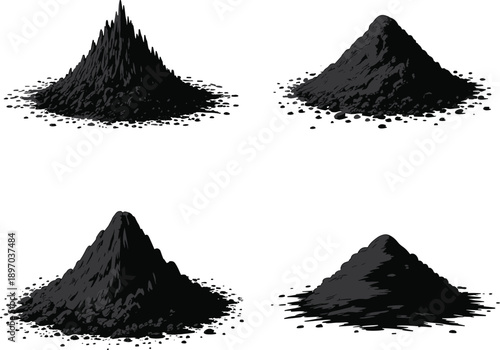 Coal pile illustrations set, black mineral heaps, industrial raw material, mining resources concept, fossil fuel energy, dark powder mounds, vector illustration isolated