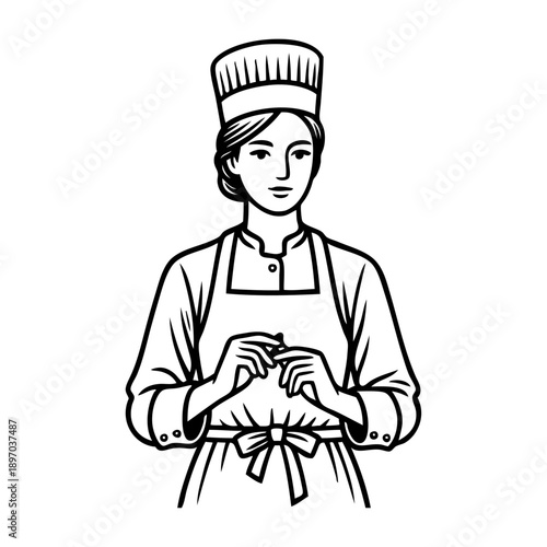 Dibujo sencillo con líneas de una mujer con uniforme de cocinero 