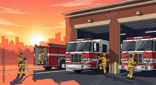 Firefighters preparing equipment and trucks at a fire station during sunrise