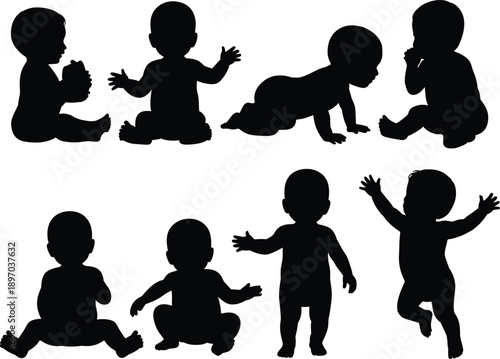 Baby silhouettes set, different infant poses, sitting, crawling and standing, cute children shapes, black shadow kids, parenting concept, vector illustration isolated