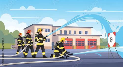 Firefighters practicing fire suppression techniques with water hoses outside a fire station