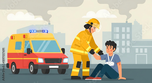 Emergency services on scene A firefighter provides crucial assistance to an injured person, with an ambulance ready, demonstrating prompt rescue and care during a crisis or accident