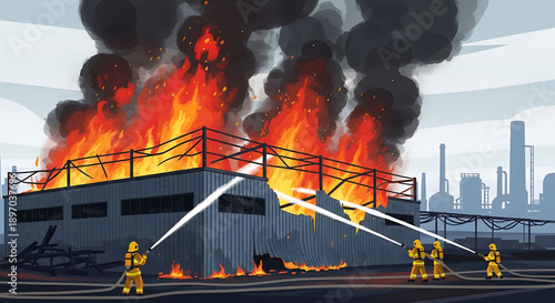 Firefighters battling a large factory fire with hoses, smoke billowing into the sky