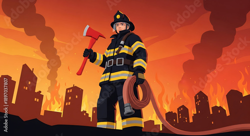 Brave Firefighter in Uniform Holding Axe and Hose Ready to Battle City Fires Amidst Flames and Smoke