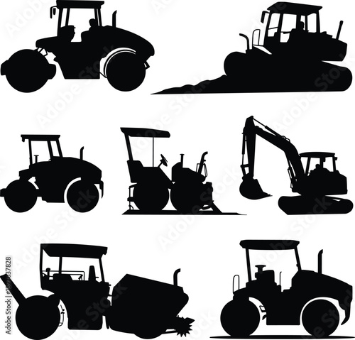 Heavy construction machinery silhouettes set, tractors, excavator and road roller, industrial vehicles, black shadow equipment, building work, vector illustration isolated