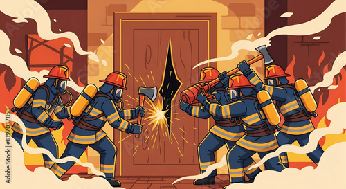 Brave Firefighters Forcibly Entering a Burning Building with Axes, Demonstrating Urgent Emergency Response and Courageous Action Amidst Smoke and Flames