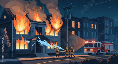 Firefighters Battling a House Fire at Night with Fire Truck and Water Hoses