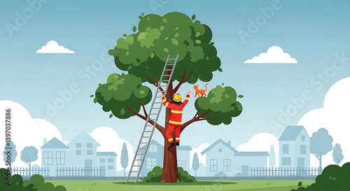 Brave firefighter ascends a tall ladder to rescue a frightened cat stranded high up in a lush green tree, bringing comfort and safety to a suburban neighborhood scene