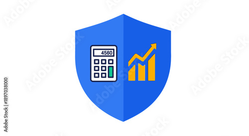 Financial Security Shield Icon with Calculator and Growing Chart. Protected Investment, Accounting, and Business Growth Guarantee.