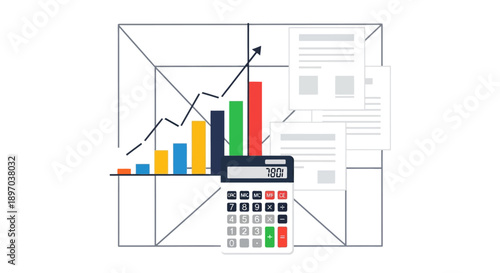 Financial Analysis and Business Growth Vector. Accounting Calculator, Upward Bar Chart, and Reports for Data Management and Profit Success.
