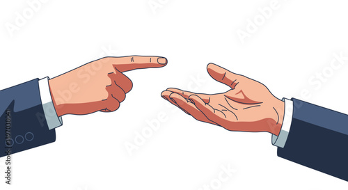 Business Communication Hands Illustration: Pointing Finger Directing or Blaming Open Receiving Palm, Conceptual Vector Art on White.