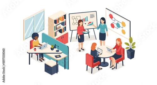 Diverse Women's Business Team Collaboration in Isometric Office. Female Managers Discussing Data and Working on Laptops.