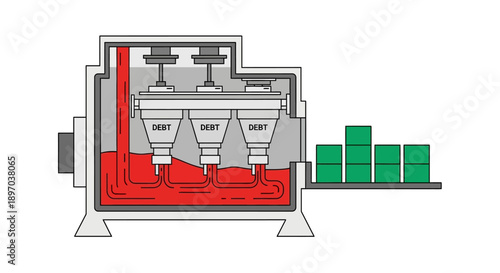 Debt Machine Concept Illustration: Financial Risk, Burden, and Capital Flow Processing System Diagram.
