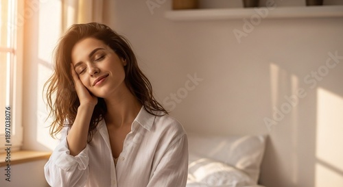 Portrait of Attractive Young Woman Waking Up Smiling in the Morning with Copy Space Free Download Portrait of Attractive Young Woman Waking Up Smiling in the Morning with Copy Space - GFXLoad