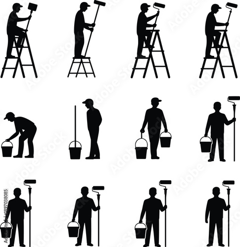 Painter silhouettes set, worker painting wall with roller and bucket, ladder poses, home renovation, black shadow figures, vector illustration isolated