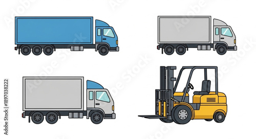 Collection of delivery trucks and forklift isolated on white background.