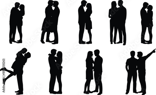 Romantic couple silhouettes set, man and woman hugging, kissing and embracing, love relationships, black shadow people, romantic moments, vector illustration isolated