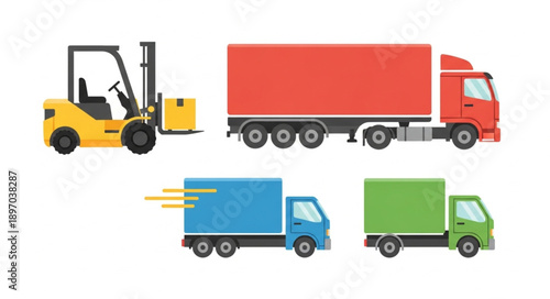 Collection of delivery trucks and forklift isolated on white background.