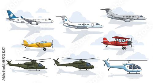 Collection of diverse aircraft including airplanes and helicopters.