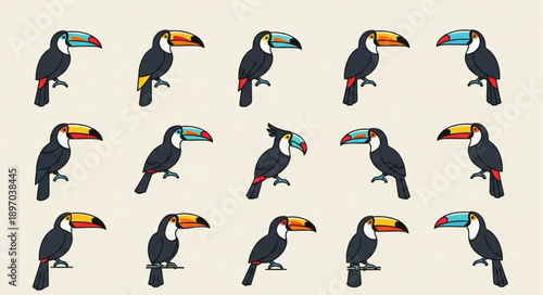 Collection of colorful toucans with large beaks in various poses.