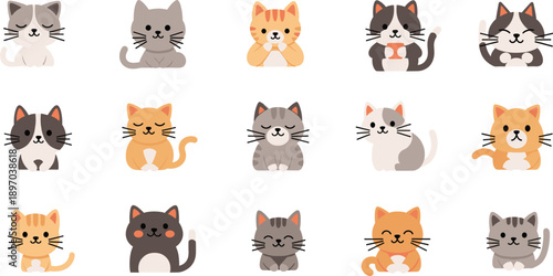 Minimal cute cat icons flat vector illustration set