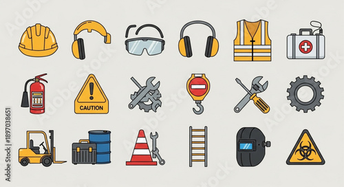 Collection of construction and safety equipment icons.