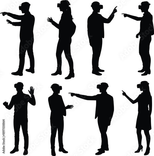 Virtual reality people silhouettes set, men and women wearing VR headset, pointing and interacting, digital technology experience, black shadow users, vector illustration isolated