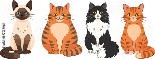 Cute sitting cartoon cats vector illustration set isolated