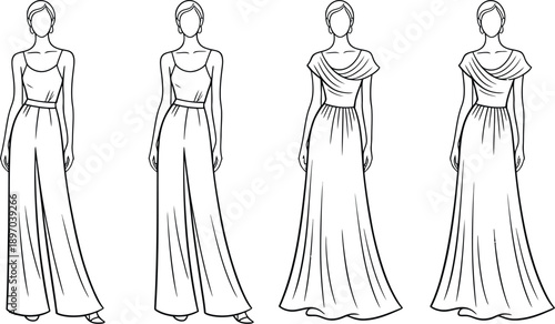 Fashion drawing set of jumpsuit and dress sketches showing spaghetti straps short sleeves gathered waists wide legs front back views