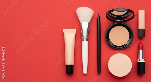 Flat lay of essential beige and red makeup products including foundation, powder, lipstick, and brushes arranged on a vibrant scarlet background.