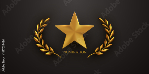 Golden star award with laurel wreath and nomination text on dark background for recognition. Vector illustration.