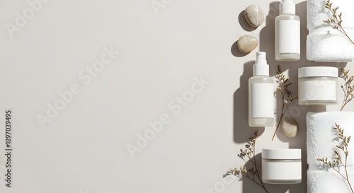 Minimalist flat lay of white cosmetic bottles, jars, and a folded towel with dried flowers and smooth pebbles on a light beige background with harsh shadows, ideal for beauty branding mockups.