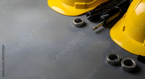 Bright yellow hard hats and metallic nuts with a black electrical plug arranged on a textured dark gray concrete surface, offering copy space for construction or industry presentations.