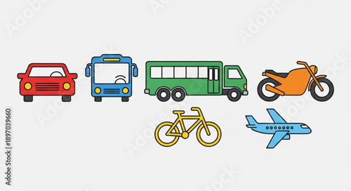 Collection of diverse transportation vehicles on a white background.