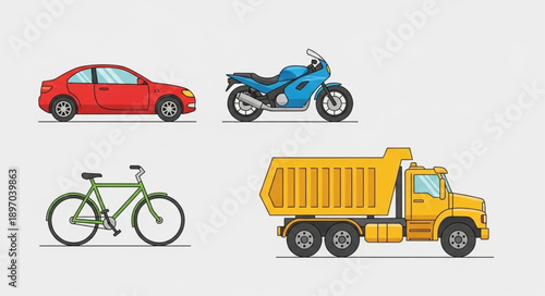 Collection of diverse vehicles including car motorcycle bicycle and truck.
