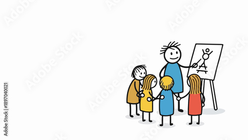 Simple children art class illustration shows teacher guiding students drawing on easel, encouraging creativity. Engaging children art class promotes educational development and imaginative expression.