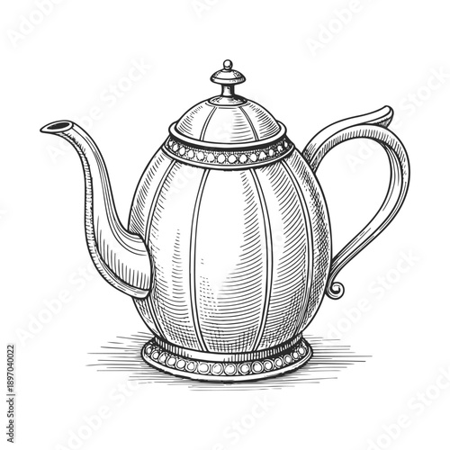 Vintage teapot illustration in classic engraved style. Black and white hand drawn vector teapot isolated on white background.