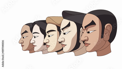 Diverse faces profile illustration displays many human heads in side view, aligned. Every distinct diverse faces profile shows individual features, varied appearances.