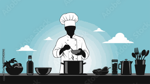 Professional chef cooking, preparing delicious meal with kitchen utensils, fresh ingredients on counter. Culinary expert demonstrates techniques in detailed chef cooking illustration.