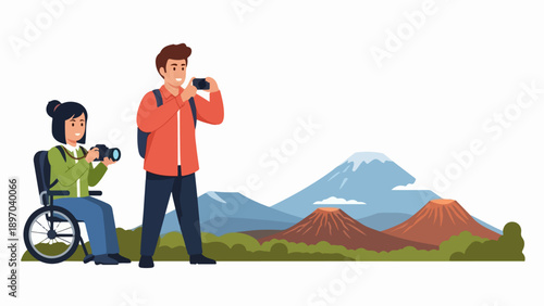 Accessible travel with man photographing landscape, woman in wheelchair capturing mountains. Accessible travel promotes inclusive outdoor experiences, allowing all to explore nature.
