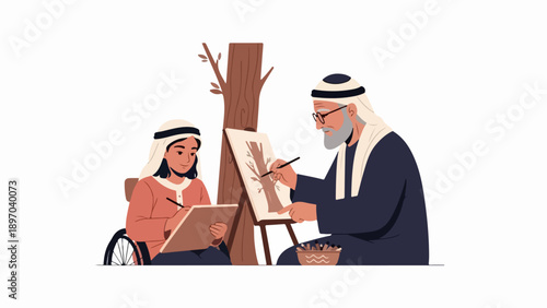 Art lesson with elder man guiding young child in wheelchair painting tree. Intergenerational art lesson highlights creative learning, fostering mentorship. Inspiring art lesson concept for education,