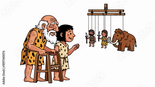 Cartoon caveman puppet show featuring an elderly caveman with a walker and a young caveman observing. Prehistoric caveman puppet show depicts cave people and a woolly mammoth on stage.