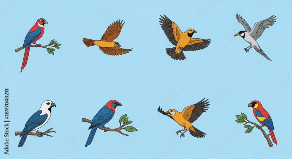 Obraz premium Collection of Diverse Birds in Flight and Perched on Branches.