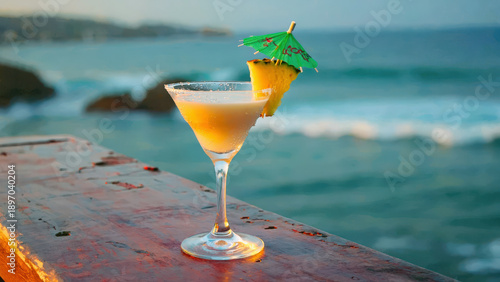 A tropical cocktail sits on a bar counter near the beach. A pineapple slice and a small umbrella decorate the drink. Waves gently roll in the background as condensation slides down the glass